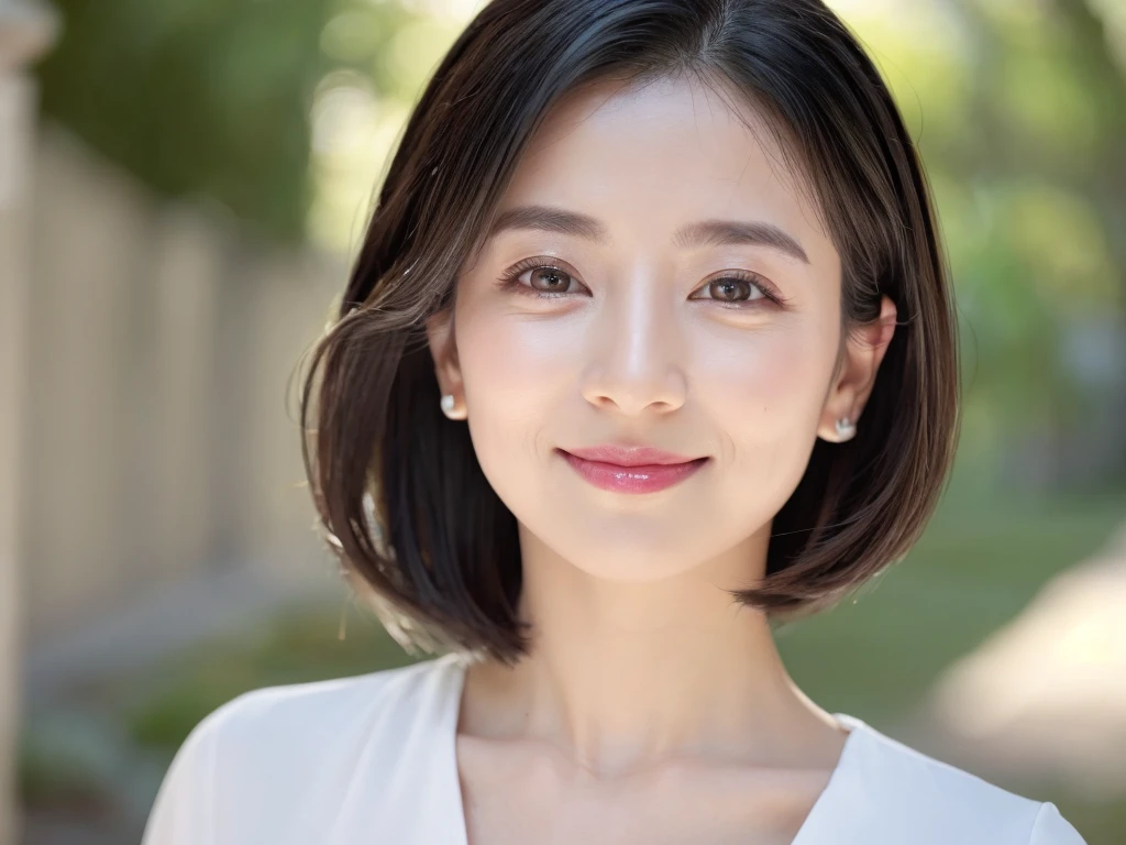 highest quality、8k Masterpiece、超A high resolution、(Photorealistic:1.3)、RAW Photos、1 girl、Black Hair、Glowing Skin、36age、Portrait、Global Illumination、Shadow、Octane Rendering、8k、Super sharp、Cold colors、、Very intricate details、Soft spring light、Studio Shot Shadow、CGSoation Trend、Beautiful Eyes、Shining Eyes、To the camera、Neon Details、White skin、short hair、smile、Featured on cosmetics website、intellectual、reason、Charm、Perfect Lips、Smooth, wrinkle-free skin