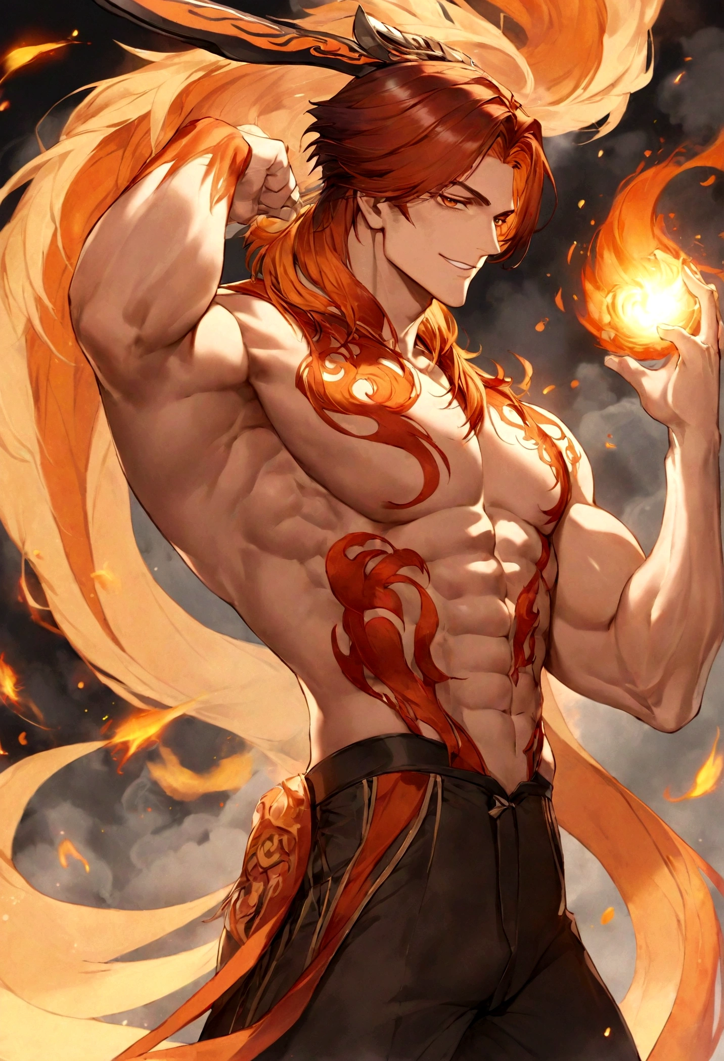 Meisterwerk, Top quality, 16K UHD, Stehen, 1 male fire genasi with orange skin, Feuer Zauberer, kein Oberteil, Free upper body, Sixpack-Muskeln, muscular physique, elegante schwarze Hose, feuriges brennendes Flammenhaar, Feuermagier, a swirling fireball hovers above his left hand, Magische-Kulisse, selbstbewusste Pose, devilish smile. Hochdetaillierte Gesichts- und Hautstruktur, detaillierte Augen, eckige Augenbrauen, Bernsteinfarbene Augen mit Funken, fine facial features, chiseled jawline, Shiny orange skin with smoky undertones