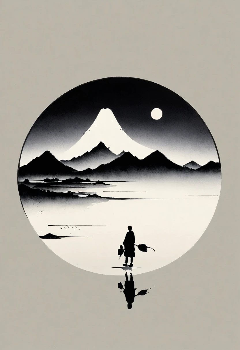 (大量留white:1.5)，white, white色背景, simple, Minimalism, abstract,Freehand，Aesthetic，黑与white，Ink Painting，antiquity，Mountain，People in the distance