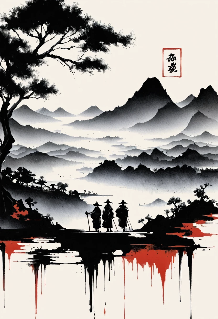 (大量留white:1.5),white, white色背景, simple, Minimalism, abstract,Freehand,Aesthetic,黑与white,Ink Painting,antiquity,Mountain,People in the distance