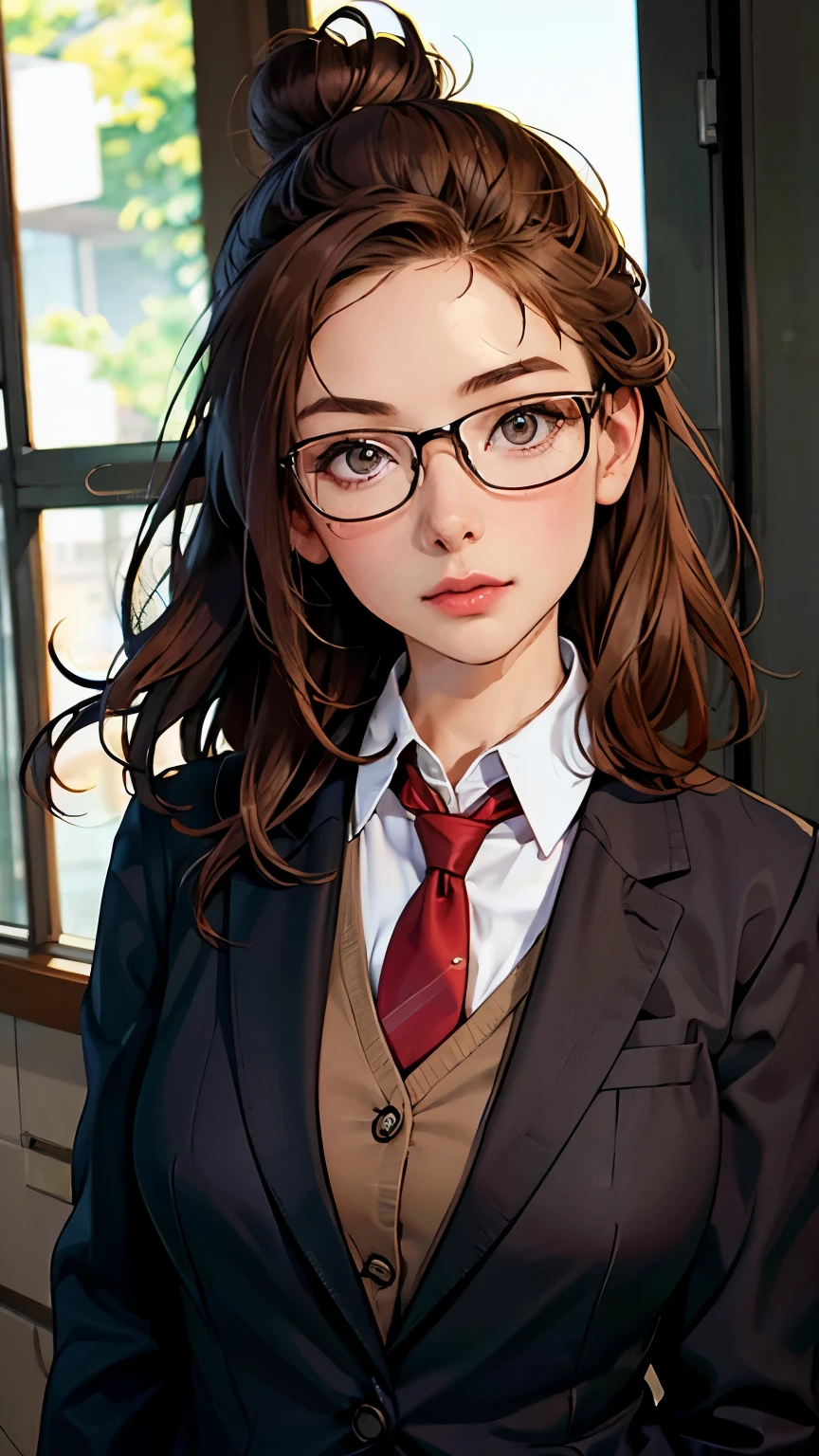 Korean Girls,  Teacher, light brown hair, Eyeglasses, ((A slightly sexy blazer and tie outfit.)), ((Bun hair))