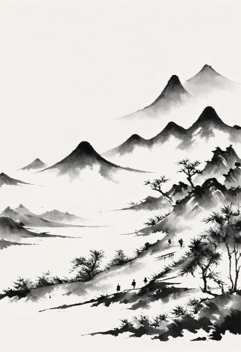 (Lots of white space:1.5),Lots of white space, White background, simple, Minimalism, abstract,Freehand,Aesthetic,black and white,Ink Painting,antiquity,Mountain,People in the distance