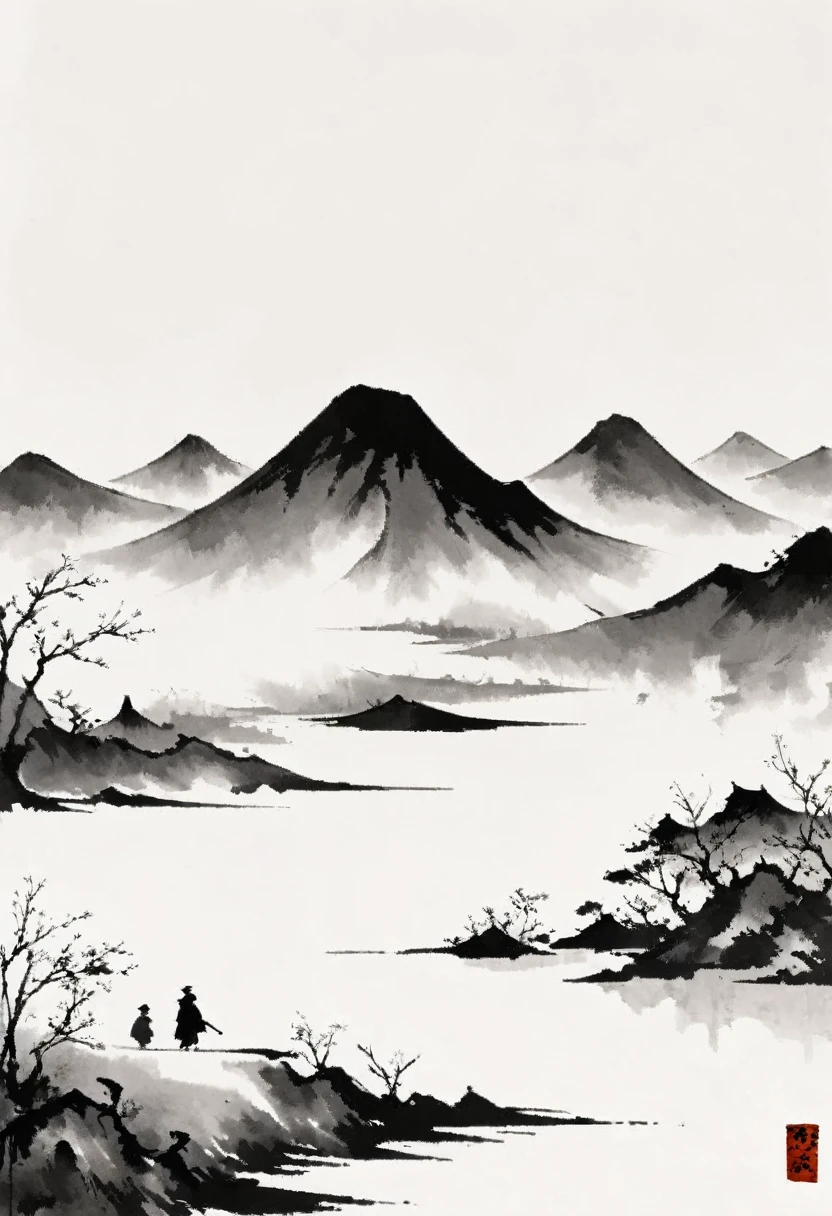 (Lots of white space:1.5)，Lots of white space, White background, simple, Minimalism, abstract,Freehand，Aesthetic，black and white，Ink Painting，antiquity，Mountain，People in the distance