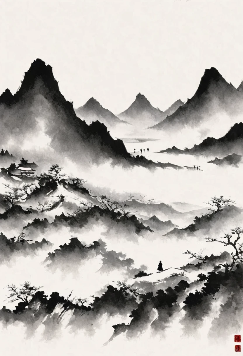 (Lots of white space:1.5),Lots of white space, White background, simple, Minimalism, abstract,Freehand,Aesthetic,black and white,Ink Painting,antiquity,Mountain,People in the distance