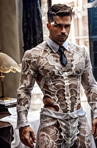 lac34rmor, Vestindo (black lace business suit), Transparente, dynamic pose, fundo da cidade de fantasia, Desk, dentro de casa, pants, camisa, gravata, realista, Obra de arte, detalhes intrincados, fundo detalhado, profundidade de campo, foto de um homem,