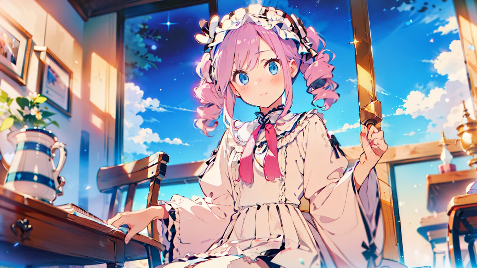 One Woman、young、blue eyes、Pink Hair、Long Hair、Drill-shaped twin-tail hairstyle、Wear a brim、Sit on a chair、I read a book、White ****ta Fashion、Starry Sky