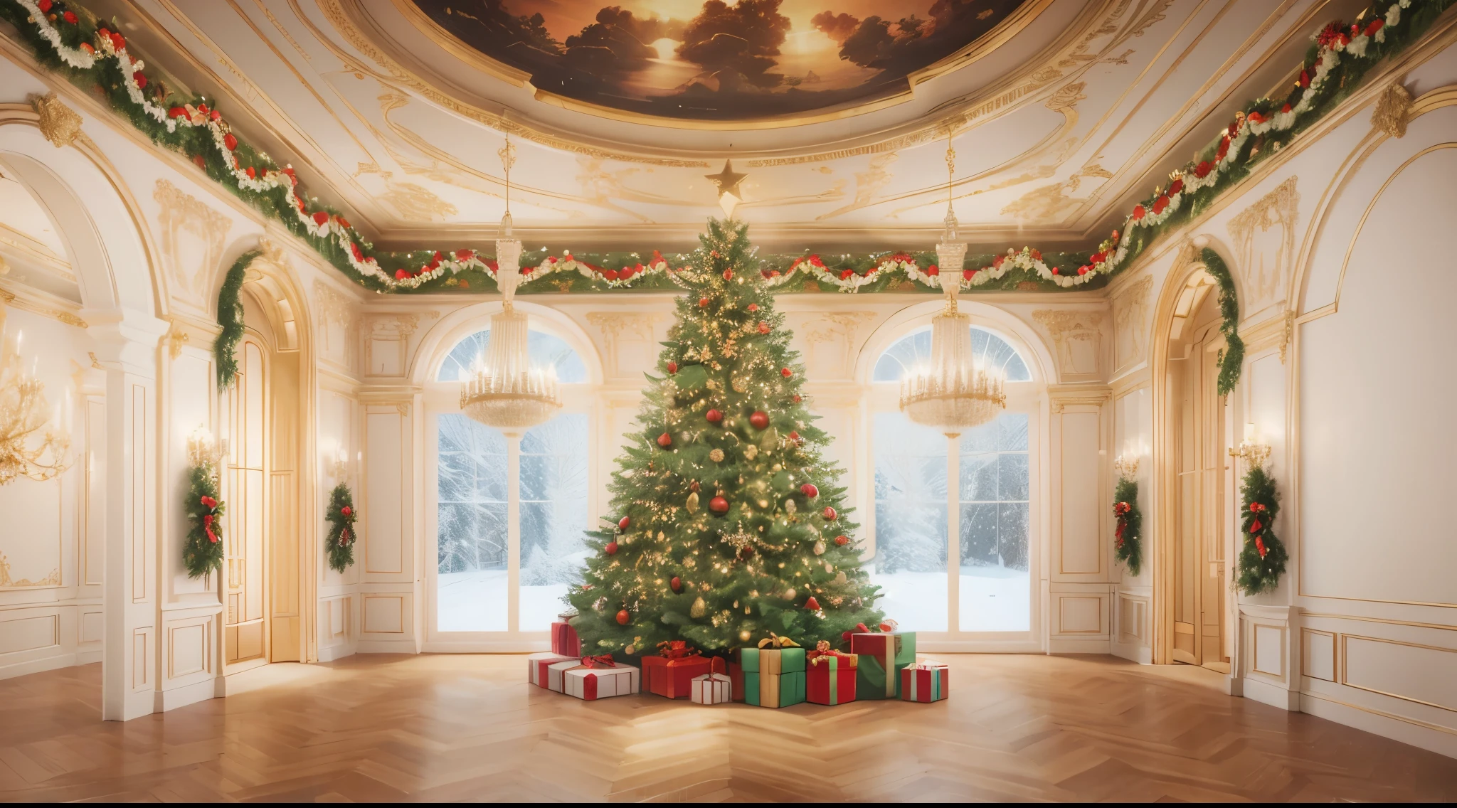 room with a christmas tree and presents in it, lavishly decorated, very ornamented, holiday season, inside a grand ornate room, christmas tree, a hyper realistic, presents, elegant and ornate, shutterstock, with lots of thin ornaments, christmas, royally decorated, santa, an ultra realistic, holiday, ornamented, rendered in cgi