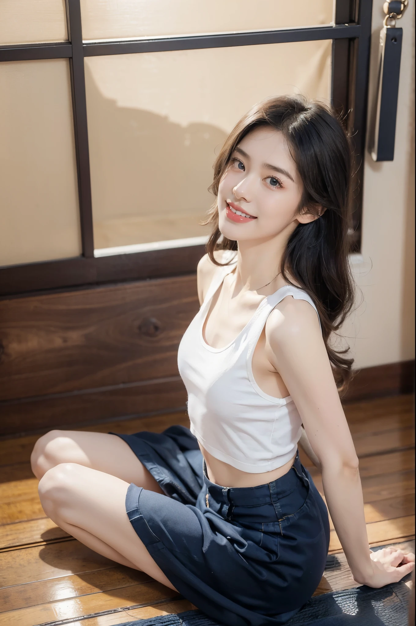 (Best Quality, 8K, 32K,masterpiece), (Raw photo), (Realistic), (Photorealistic:1.2), (High resolution), Ultra-detailed, Beautiful face,detailed eyes, 1 beautiful girl,hyper cute face,laughing,thin waist,small breasts,flat chest, slim proportions,(white tank top:1.3),(dark blue brief:1.3),medium straight hair,flat chest,navel,stockings,(arms behind back:1.3),indoor,In a Japanese style room,(sitting on the floor:1.3),(from front:1.3)