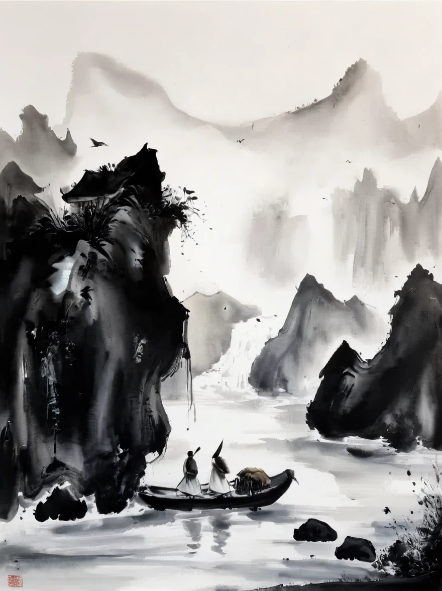 (Lots of white space:1.5),Lots of white space, White background, simple, Minimalism, abstract,Freehand,Aesthetic,black and white,Ink Painting,antiquity,This is just the tip of the iceberg,People from far away