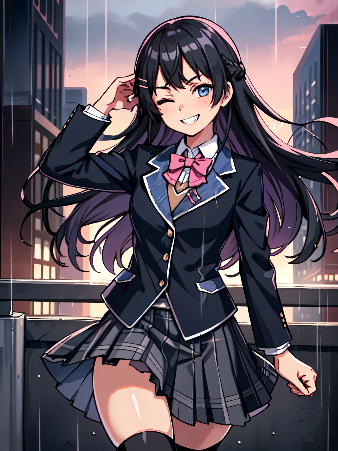 best quality, masterpiece, 1 girl, (silhouette lighting:1.2), (cowboy shot:1.3), one eye closed, grin, tsukino mito, long hair, black hair, blazer, black jacket, hairclip, hair ornament, white thighhighs, bangs, pleated skirt, pink bow, , short sleeves, collared shirt, white shirt, blue eyes, plaid skirt, black skirt, (wet skin, wet clothes:1.3), (windy upskirt:1.3), urban rooftop, cityscape, (twilight, dusk, rainy:1.3)