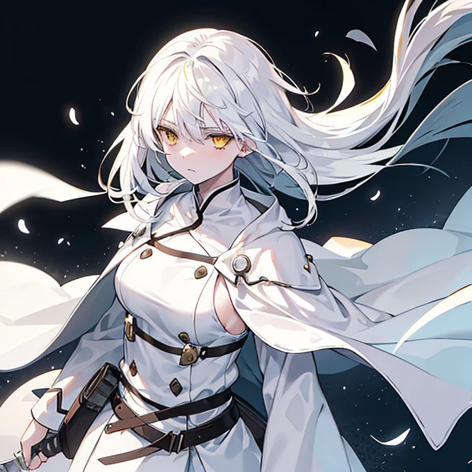 Girl with white hair in the wind, yellow eyes, an impassive, emotionless face, in a white cloak with iron inserts, holding a large kitchen knife, 