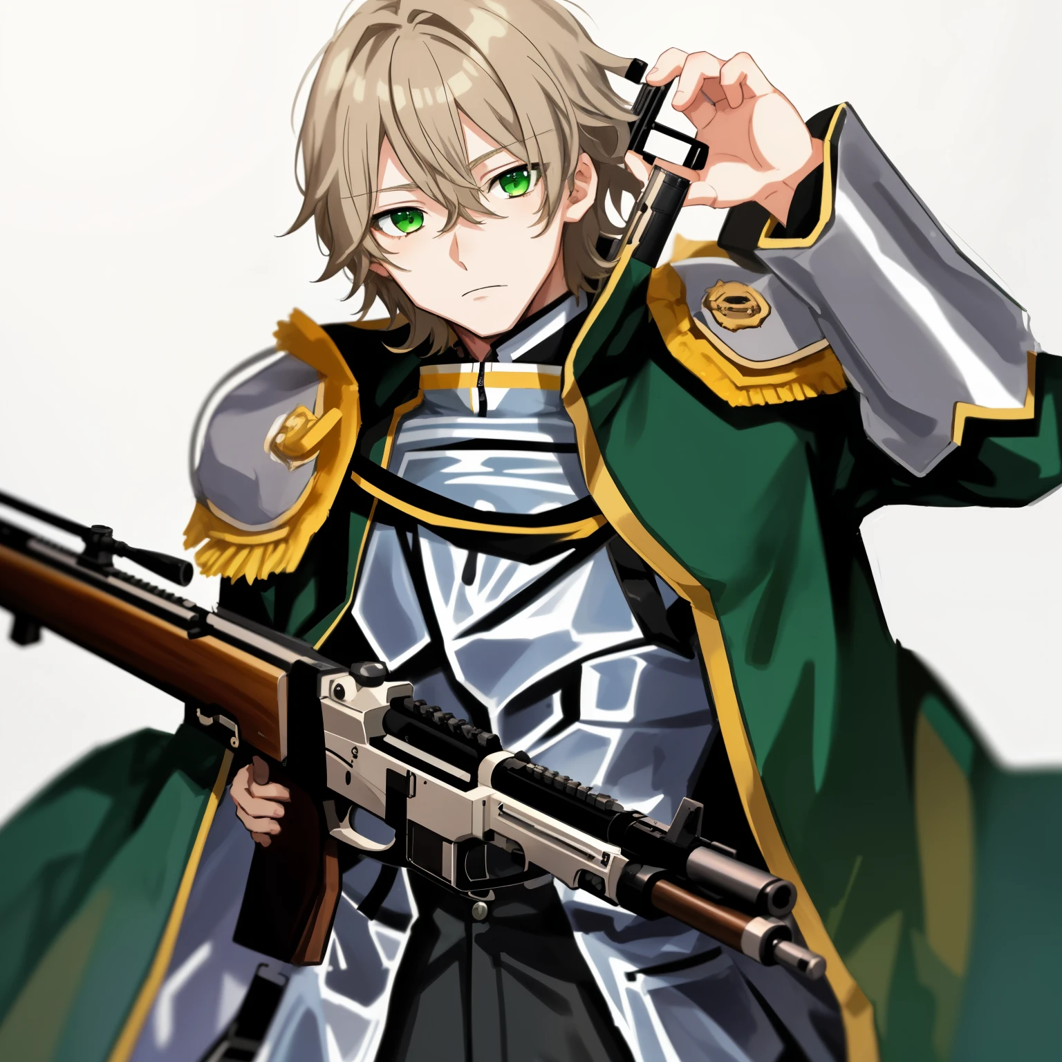 1boy, anime, wavy_medium_hair, bangs, dark_blonde_hair, white_t_shirt, green_field_jacket, green_eyes, mauser_rifle, white_background, looking_at_viewer