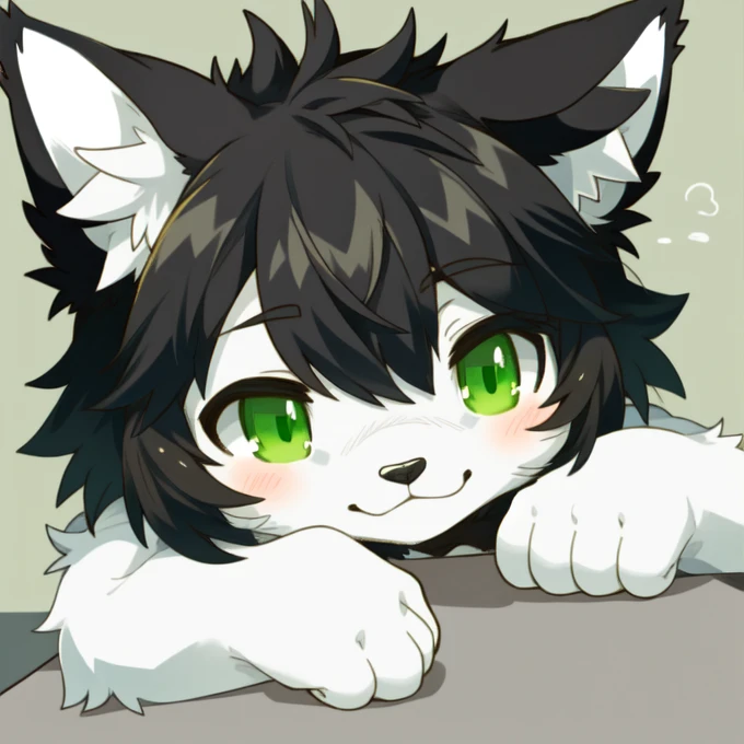 male, anthro, cute, furry, cat, black and white fur, head only, super cute, kemono, green eyes