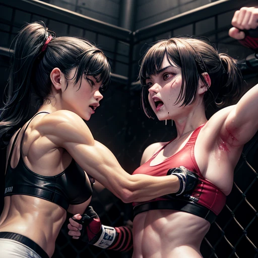 Intense violence. dynamic action. She is suffering. She is cornered in a wire fence, badly beaten by her opponent. she is dominated by her opponent. She is wearing a sports-bra andhigh-leg shorts. Her opponent tries to kill her with a powerful punch. The girls are exhausted. Two young and beautiful Japanese female mixed martial artists are fighting in the octagon. They are smashing their fists against their opponents' bodies. They are covered in blood. Their mouths open, drooling, one eye closed, gasping for air. They are sweating profusely. Short-cut black hair. Open finger gloves. Erect nipples. Small breasts.
