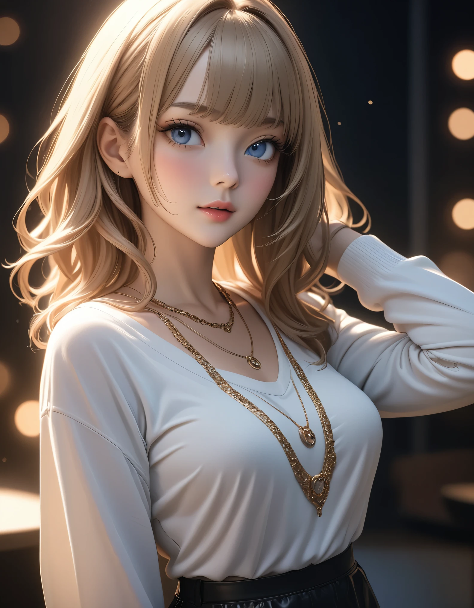best quality, masterpiece, high resolution, A girl, blond, Blue eyes, fashion clothing, necklace, jewelry, Pretty Face, Perfect breasts, more than_Body, Tyndall effect, lifelike, Dark Studio, Side lighting, Two-color lighting, (HD Skin:1.2), 8k Ultra HD, Soft Light, high quality, Volumetric Lighting, frank, photography, high resolution, 8k, Bokeh,hort depth of field,,