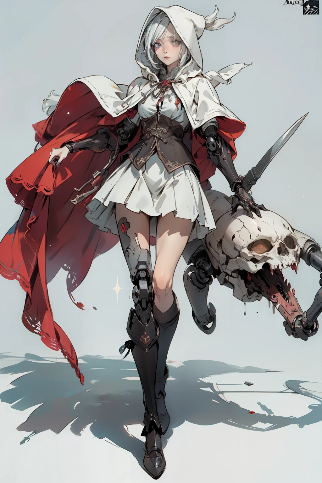 (((masutepiece, of the highest quality, super detailed))), a knight, white background, plain background, Bloodborne inspired, Bloodborne, occult aesthetic, occult, NSFW, Complex mechanical cyborg girl, Skeleton body, red and white clothing detailed and intricate steampunk and detailed gothic  (with a hood), NSFW, diadems, very thin long legs, Complex mechanical boots above the knee, Fluttering lace flared mini skirt, beautiful small breastted upwards, (((( Highly detailed face))), small thin nose, Small thin lips mouth, (((Very sharp focused eyes))), Very large slit precision pale grey eyes that shine like jewels. very long eyelashes, Silver hair swaying in the wind, Emitting a dazzling light in a mandala pattern, white background, Very dramatic and cinematic lighting, red and white clothing, full body, whole body, body, cosmic horror