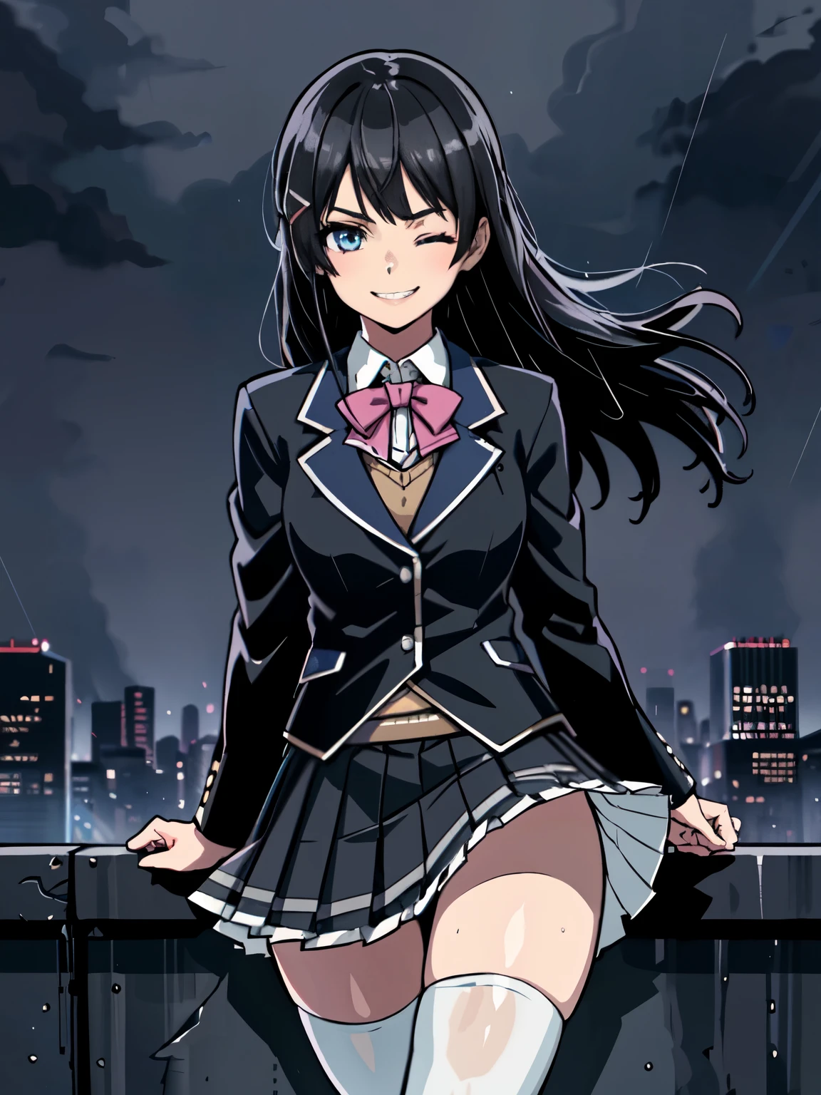 best quality, masterpiece, 1 girl, (silhouette lighting:1.2), (cowboy shot:1.3), one eye closed, grin, tsukino mito, long hair, black hair, blazer, black jacket, hairclip, hair ornament, white thighhighs, bangs, pleated skirt, pink bow, , short sleeves, collared shirt, white shirt, blue eyes, plaid skirt, black skirt, (wet skin, wet clothes:1.3), (windy upskirt:1.3), urban rooftop, cyberpunk cityscape, (twilight, dusk, rainy:1.3)