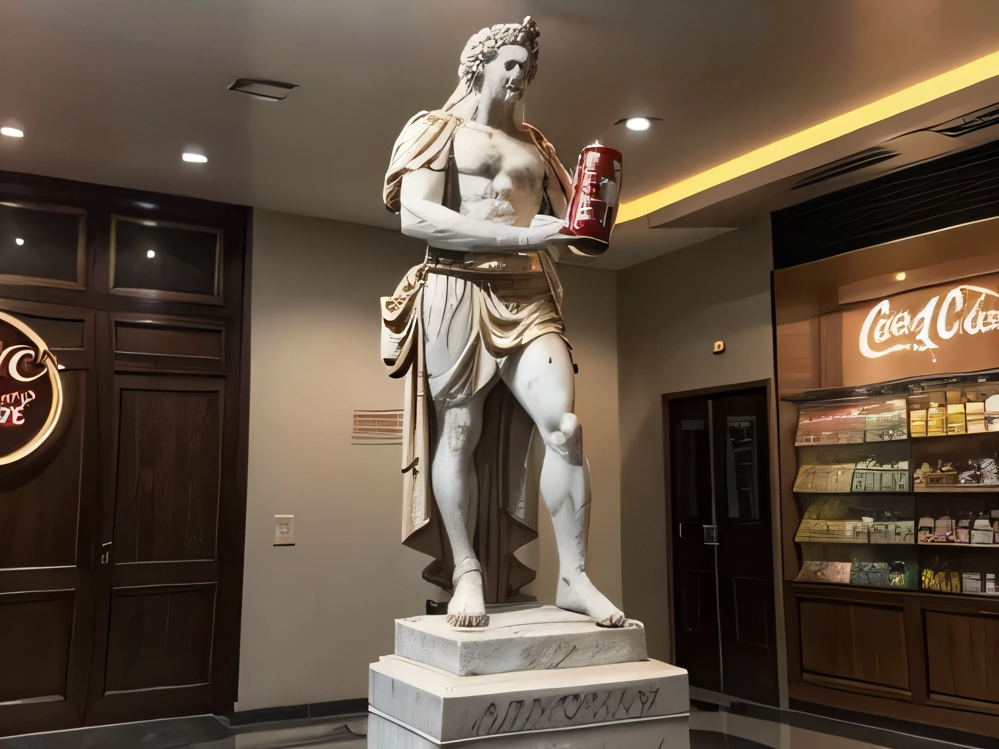 Greek statue holding a can of coca cola