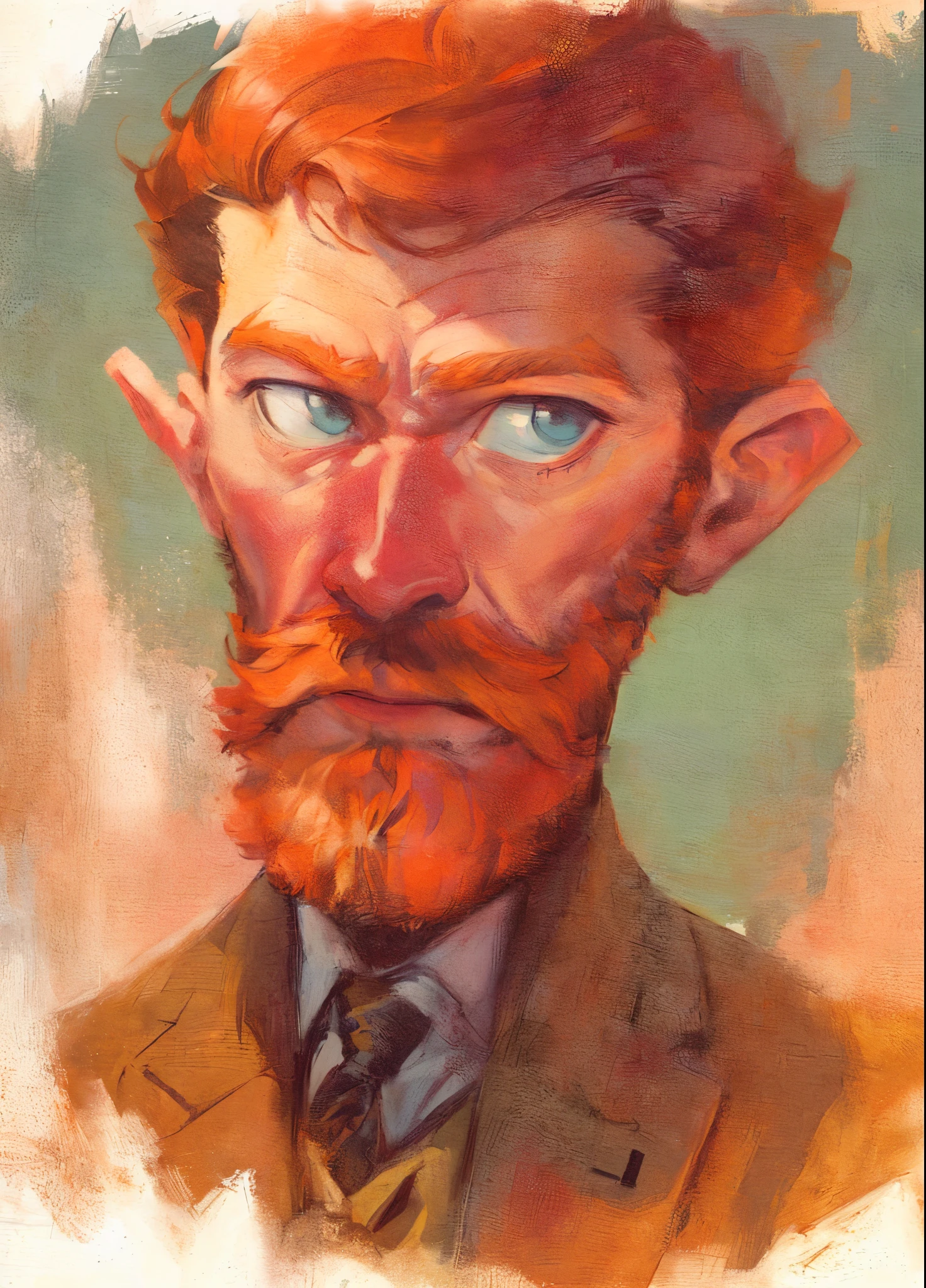 ((Samdoesart)), painting of a man with a barba Ruiva and a suit jacket, nigel thornberry, barba avermelhada, barba Ruiva, retrato de personagem pintado, um velho com barba ruiva, retrato de personagem em close, bochechas vermelhas, pintura de personagem, inspirado em George Grosz, por Thomas Scholes, retrato de personagem de polpa, por Trevor Brown, retrato da pixar, por Craig Thompson, ((cartoon)), pintura extremamente detalhada