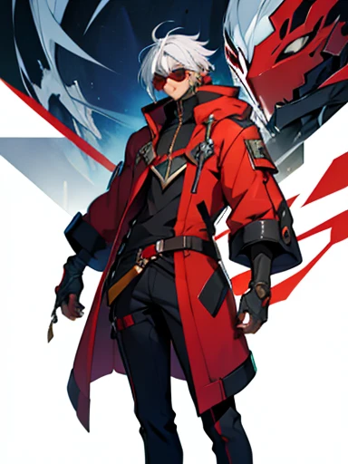  Concept ART ,human Male  ,Clear Skin ,Red round tainted Sunglasses  , white hair,long braided  , blazblue Series