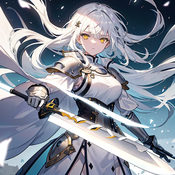 Girl with white hair in the wind, yellow eyes, an impassive, emotionless face, in a white cloak with iron inserts, holding a large kitchen knife, dressed in armor