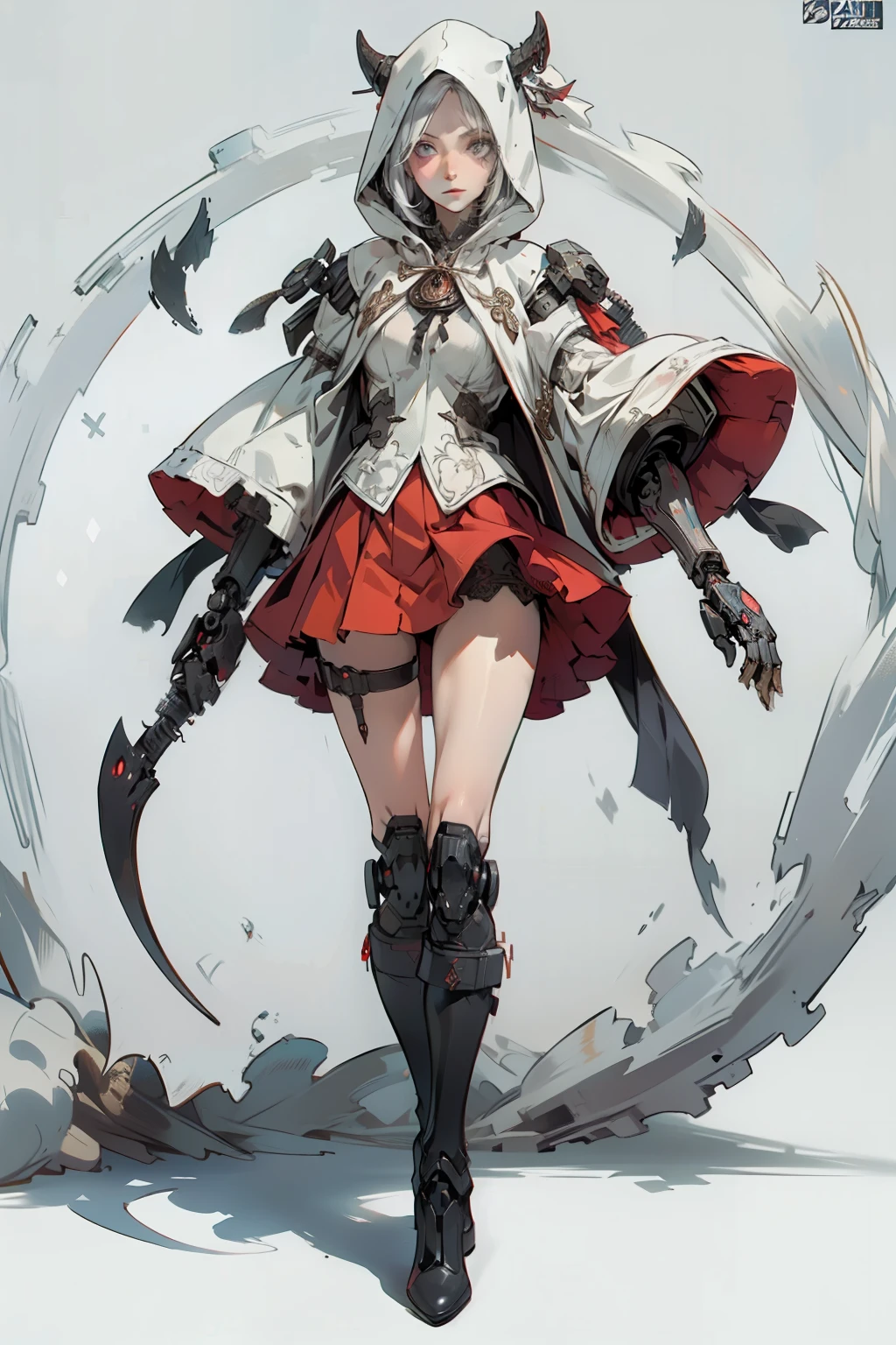 (((masutepiece, of the highest quality, super detailed))), a knight, white background, plain background, Bloodborne inspired, Bloodborne, occult aesthetic, occult, NSFW, Complex mechanical cyborg girl, Skeleton body, red and white clothing detailed and intricate steampunk and detailed gothic ta (with a hood), NSFW, diadems, very thin long legs, Complex mechanical boots above the knee, Fluttering lace flared mini skirt, beautiful small breasts directed upwards, (((( Highly detailed face))), small thin nose, Small thin lips mouth, (((Very sharp focused eyes))), Very large slit precision pale grey eyes that shine like jewels. very long eyelashes, Silver hair swaying in the wind, Emitting a dazzling light in a mandala pattern, white background, Very dramatic and cinematic lighting, red and white clothing, full body, whole body, body, cosmic horror