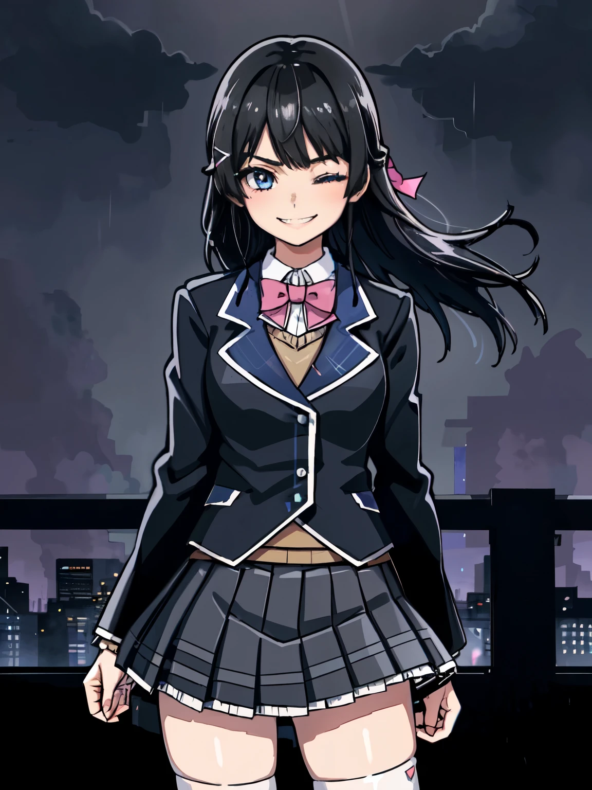 best quality, masterpiece, 1 girl, (silhouette lighting:1.2), (cowboy shot:1.3), one eye closed, grin, tsukino mito, long hair, black hair, blazer, black jacket, hairclip, hair ornament, white thighhighs, bangs, pleated skirt, pink bow, , short sleeves, collared shirt, white shirt, blue eyes, plaid skirt, black skirt, (wet skin, wet clothes:1.3), (windy upskirt:1.3), urban rooftop, cyberpunk cityscape, (twilight, dusk, rainy:1.3)
