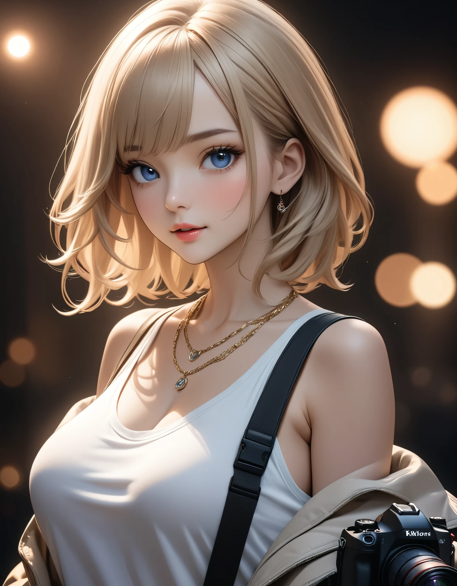 best quality, masterpiece, high resolution, A girl, blond, Blue eyes, fashion clothing, necklace, jewelry, Pretty Face, Perfect breasts, more than_Body, Tyndall effect, lifelike, Dark Studio, Side lighting, Two-color lighting, (HD Skin:1.2), 8k Ultra HD, SLR camera, Soft Light, high quality, Volumetric Lighting, frank, photography, high resolution, 4K, 8k, Bokeh,