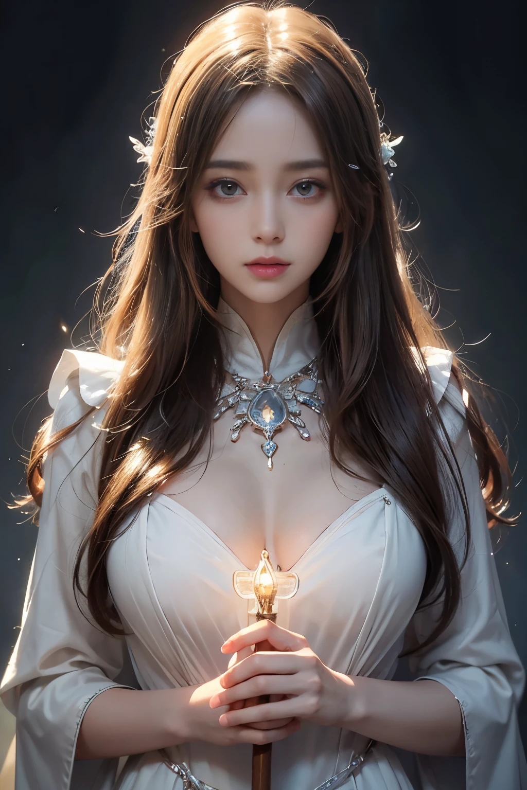 Classy sex appeal、Beautiful woman、Transparent skin、Perfect natural light、8K High Resolution、High resolution、Glowing Beautiful Skin、Transparent beauty、masterpiece、Moist eyes、Bright spot、Gravure quality、Light hair color、Fantastic medieval European style、Magical fantasy world、High Priest、Has a magic baton、Priest's attire、In the sacred palace、Plump figure