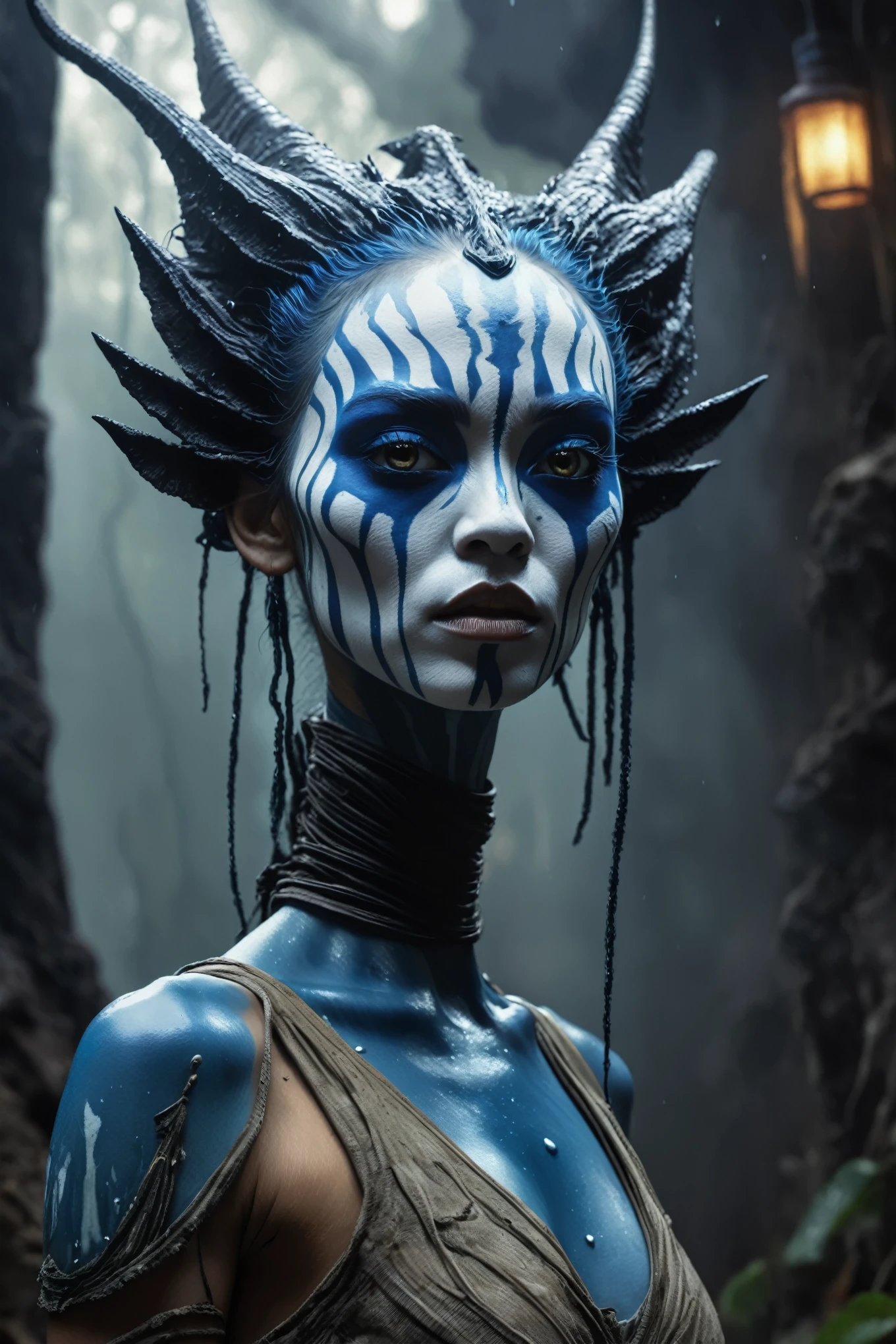 full body length,niobium goblin,ahsoka tano,native africa xenomorph,pretty face,eyebrow up,full body shot,ominous landscape,niobium gray atmosphere,by art Simon Stalenhag,Nicola Samori,(((Wangechi Mutu))),prime colors,urban,extremely detailed,masterpiece,intricate details,faded,eyes extremely detailed, high detailed eyes,4k resolution,RAW, Nikon Z9,scary village,stalker,Bagan of Myanmar,Stone Forest in Yunnan Province of China,Zhangjiajie National Forest Park of China,pretty face,intricate details,realistic humid skin,extremely intricate details,anatomically correct,
eyes extremely detailed, high detailed eyes,High contrast,Ultra HD,Retina,HDR,photo,photorealism,Masterpiece,
natural skin textures, hyper realism,hyper detailed,High contrast,Realism,Ultra Detailed,irina yermolova,
close full body shot,32K resolution,Nikon Z9, ,demonic, dust, smoke, audience, mist, featuring ultra-realistic and hyper-realistic elements,
 inspired by Marta Bevacqua, Ellen Jewett, Kawacy, Katsuya Terada, and Carne Griffiths.
 Rendered with a color palette consisting of blue, Obsidian and white.
 Utilizes futuristic lighting effects such as light halation, light stroke, light beam, explosive lightning,
 sparks, concert lighting, light-bulb, bokeh, and/or other effects to create a luminal space that feels
 both bright and surreal. Includes liquid fluid elements for added depth and movement. Rendered in an unreal 
engine and post-processed to achieve . Evokes a sense of dreamy, ethereal 
and mystical mood