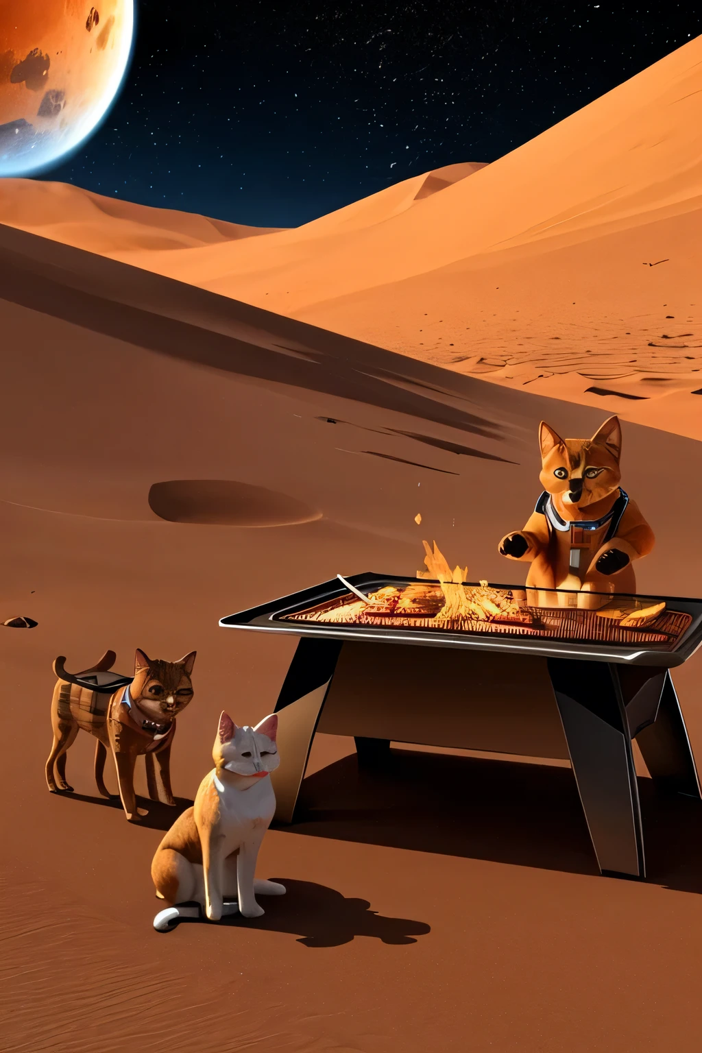 Humanoid dog and humanoid cat barbecue on Mars.