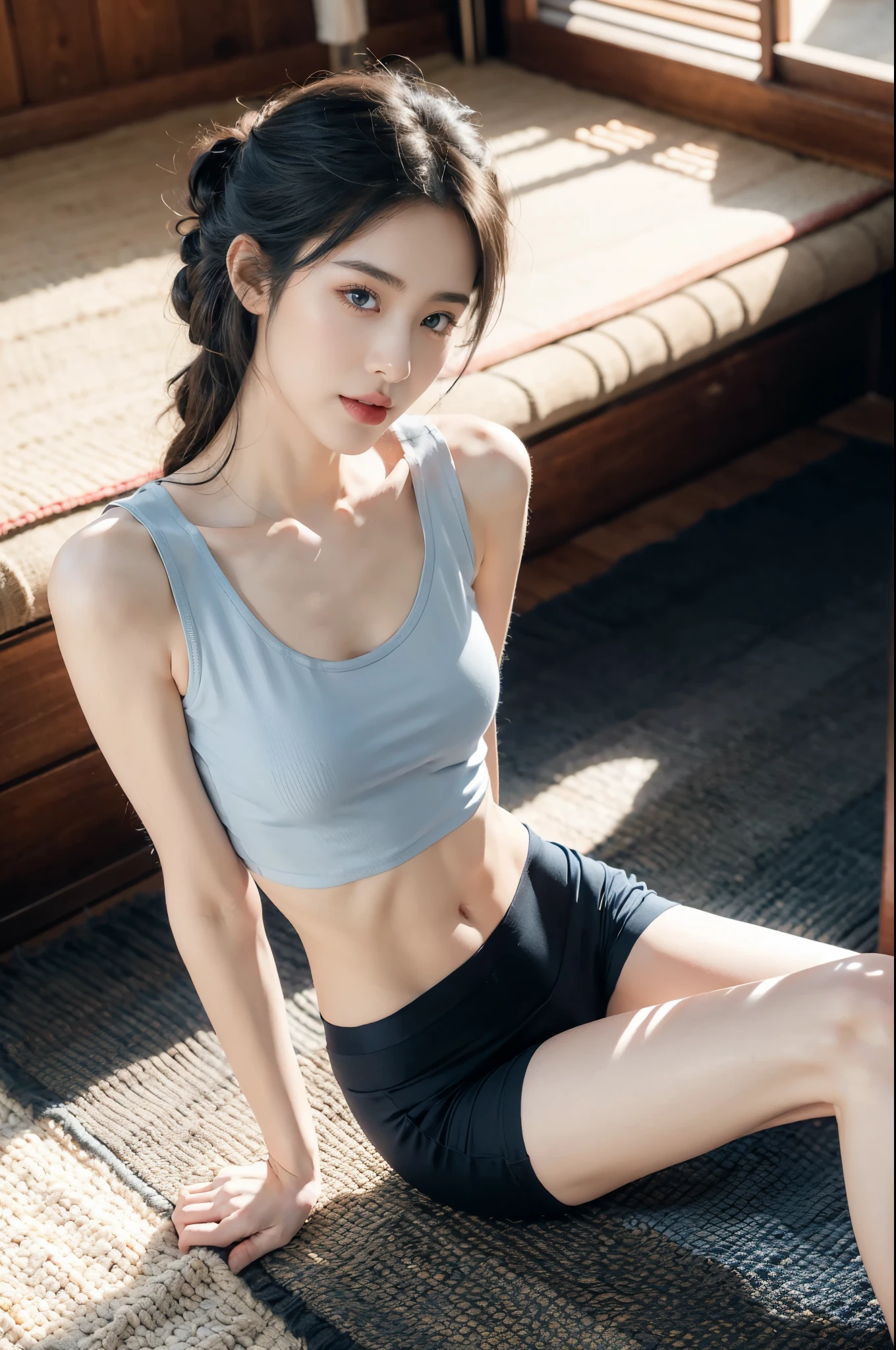 (Best Quality, 8K, 32K,masterpiece), (Raw photo), (Realistic), (Photorealistic:1.2), (High resolution), Ultra-detailed, Beautiful face,detailed eyes, 1 beautiful girl,hyper cute face,laughing,thin waist,small breasts,flat chest, slim proportions,(white tank top:1.3),(dark blue brief:1.3),medium straight hair,flat chest,navel,stockings,(arms behind back:1.3),indoor,In a Japanese style room,(sitting on the floor:1.3),(from front:1.3)