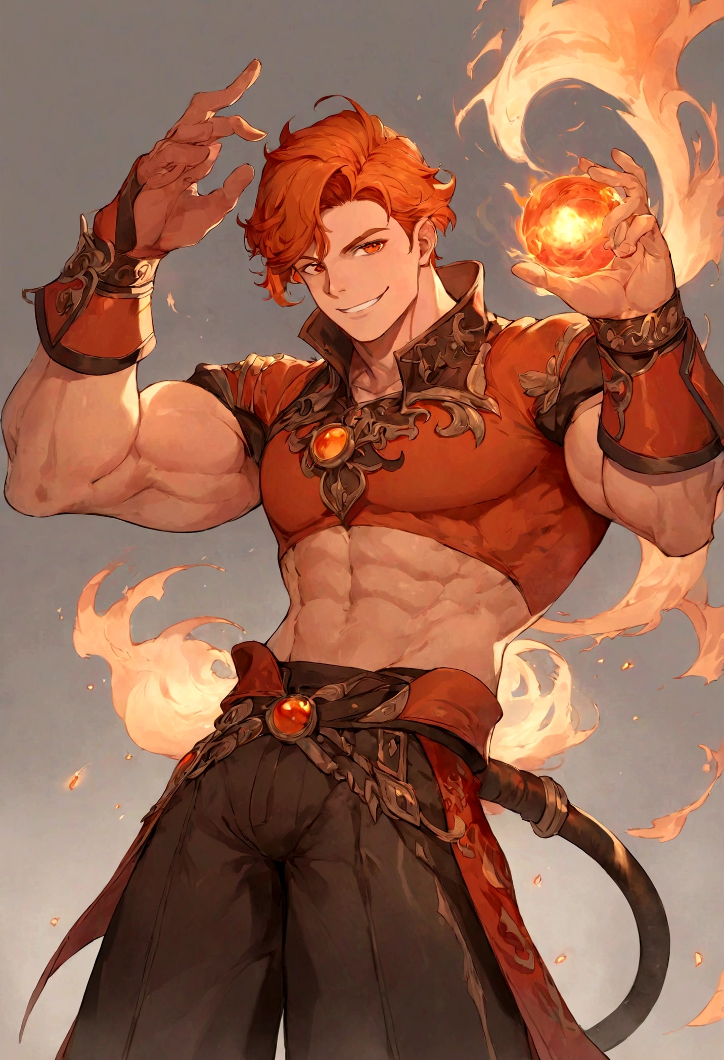 Meisterwerk, Top quality, 16K UHD, Stehen, 1 male fire genasi with orange skin, Feuer Zauberer, kein Oberteil, Free upper body, Sixpack-Muskeln, muscular physique, elegante schwarze Hose, feuriges brennendes Flammenhaar, Feuermagier, a swirling fireball hovers above his left hand, Magische-Kulisse, selbstbewusste Pose, devilish smile. Hochdetaillierte Gesichts- und Hautstruktur, detaillierte Augen, eckige Augenbrauen, Bernsteinfarbene Augen mit Funken, fine facial features, chiseled jawline, Shiny orange skin with smoky undertones