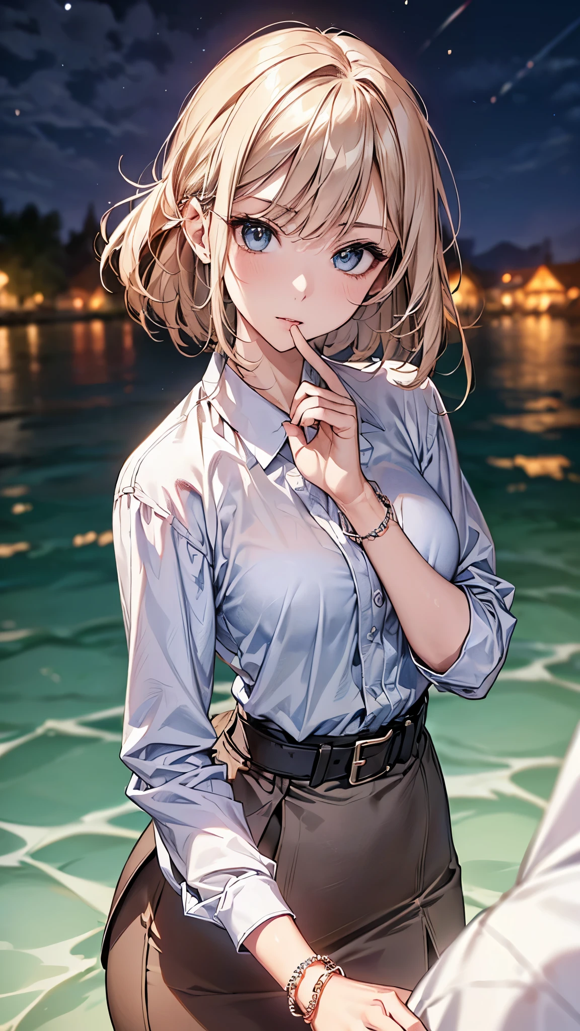 ((Biologically correct limb count))、(( whole body including face))、4K、Masterpiece、((Focus on the face))、((Symmetrical, well-proportioned facial features))、Eyes with delicate depictions、(((1 person)))、Beautiful woman、Outstanding style、Slender Body、(High heels with anklets、Shiny Stockings)、(((shirt、Checked skirt)))、(((White belt photo)))、((Looking up))、Shy、(((Riverside、Stand on the surface of the water)))、(((Close-up photo of the upper body)))、High angle、night、