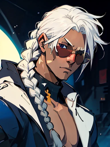  Concept ART face ,human Male  ,Clear Skin ,Red round tainted Sunglasses  , white hair,one long braided  , blazblue Series