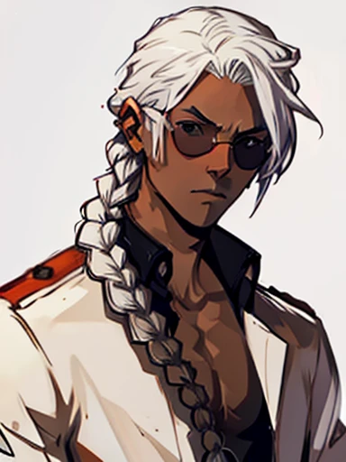  Concept ART face ,human Male  ,Clear Skin ,Red round tainted Sunglasses  , white hair,one long braided  , blazblue Series