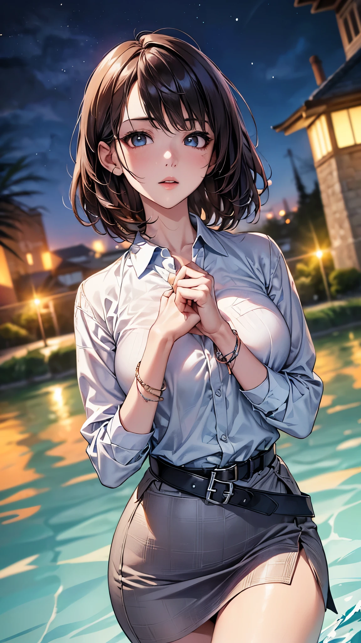((Biologically correct limb count))、(( whole body including face))、4K、Masterpiece、((Focus on the face))、((Symmetrical, well-proportioned facial features))、Eyes with delicate depictions、(((1 person)))、Beautiful woman、Outstanding style、Slender Body、(High heels with anklets、Shiny Stockings)、(((shirt、Checked skirt)))、(((White belt photo)))、((Looking up))、Shy、(((Riverside、Stand on the surface of the water)))、(((Close-up photo of the upper body)))、High angle、night、