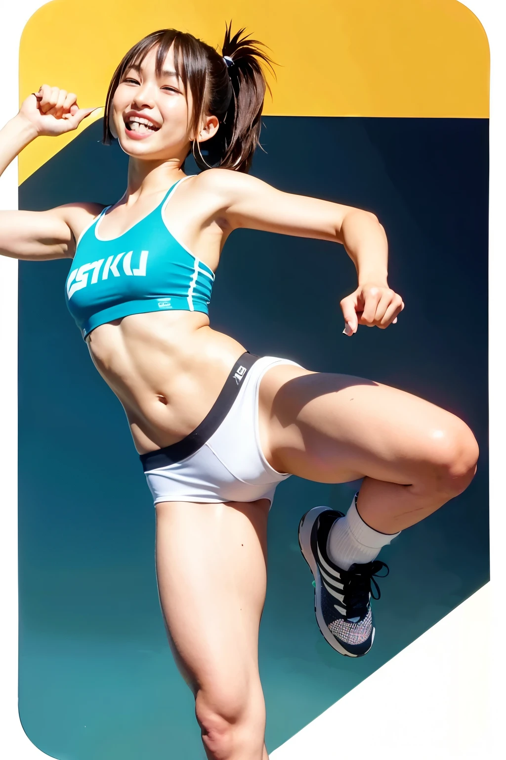 a healthy and sporty Japanese girl,athletic slender body,her legs open,anime style,action lines, detailed, trending on Instagram,smile,pose