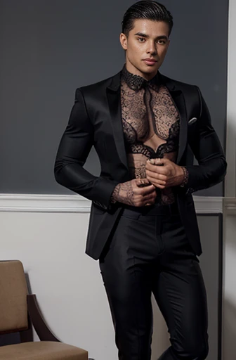 Handsome Latin Man Glamor Modern Fashion Suit Haute Couture Black Lace Suit Athletic Sexy Black Lace Pop Star Bare Chest Transparent and Tulle. tight pants showing muscles