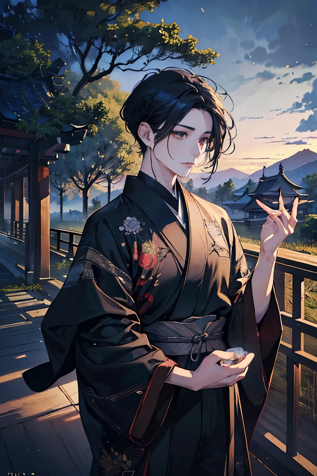 a Man, short black hair, dark eyes, standing in the middle of a Japanese farm, (beautiful detailed eyes, beautiful detailed lips, extremely detailed eyes and face, long eyelashes), oil painting, (photorealistic:1.37), stunning landscape in the background featuring trees, farms, mountains, (Japanese style architecture 1.1), beautiful lighting, warm color tones