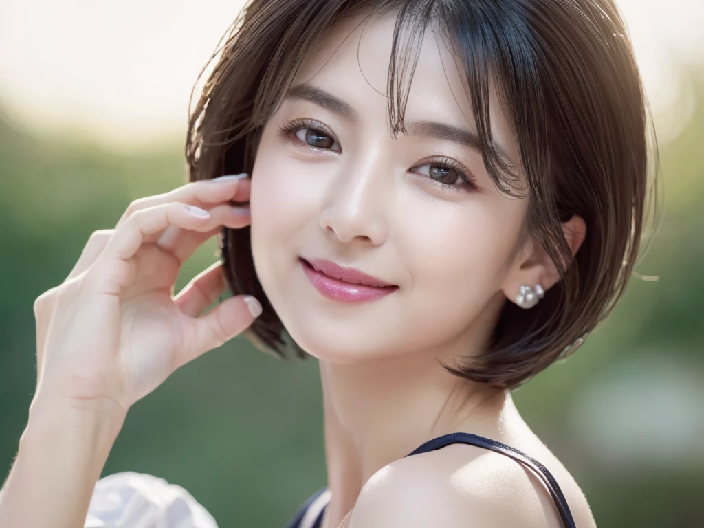 highest quality、8k Masterpiece、超A high resolution、(Photorealistic:1.3)、RAW Photos、1 girl、Black Hair、Glowing Skin、３６age、Portrait、Global Illumination、Shadow、Octane Rendering、8k、Super sharp、Cold colors、、Very intricate details、Soft spring light、in photo studio、CGSoation Trend、Beautiful Eyes、Shining Eyes、To the camera、Neon Details、White skin、short hair、smile、Featured on cosmetics website、intellectual、reason、Charm、Perfect Lips、Smooth, wrinkle-free skin、Elegance