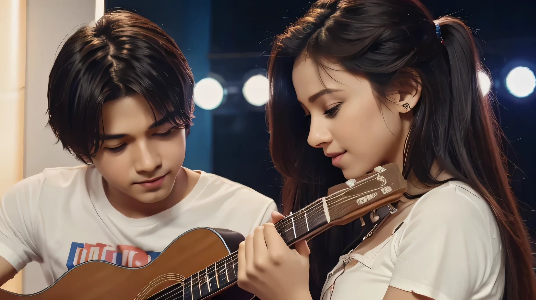 make sad video song poster of two couple who got separated then boy in future star looking for her with guitar for you tube include character in it one male and one female le of song is "dolna" - make it for marketing purpose 