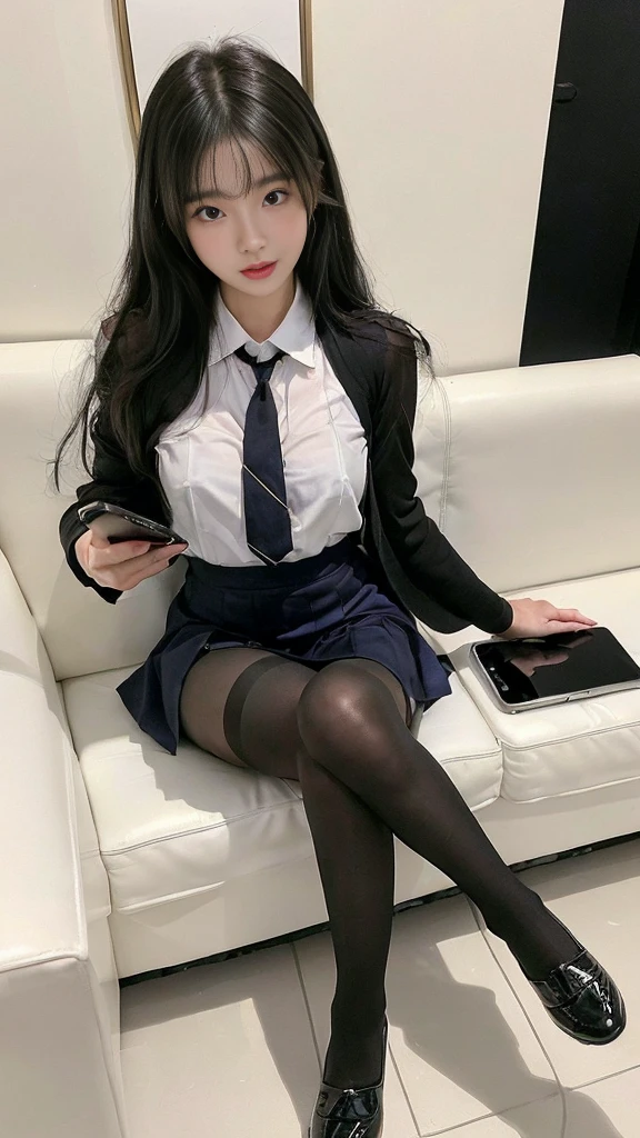  (high quality), (NSFW:1.2), (school _uniform :1.2), (split screen:1.3), (Joyful : 1.2),(girl's shiny pantyhose :1.4), (glamorous and mature high school girl and a Korean adult man enjoying a smartphone chatting app :1.4), (Her smartphone display shows a number of Korean adult men chatting to a high school girl.:1.4), (She is grabbing and her smartphone and looking at that : 1.6), (no other person : 1.6), (remove background : 1.7), (she sitting and crossing legs : 1.6)