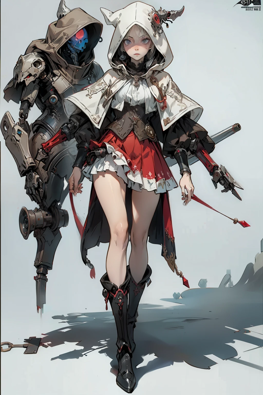 (((masutepiece, of the highest quality, super detailed))), a knight, white background, plain background, Bloodborne inspired, Bloodborne, occult aesthetic, occult, NSFW, Complex mechanical cyborg girl, Skeleton body, red and white clothing detailed and intricate steampunk and detailed gothic ta (with a hood), NSFW, diadems, very thin long legs, Complex mechanical boots above the knee, Fluttering lace flared mini skirt, beautiful small breasts directed upwards, (((( Highly detailed face))), small thin nose, Small thin lips mouth, (((Very sharp focused eyes))), Very large slit precision pale grey eyes that shine like jewels. very long eyelashes, Silver hair swaying in the wind, Emitting a dazzling light in a mandala pattern, white background, Very dramatic and cinematic lighting, red and white clothing, full body, whole body, body, cosmic horror