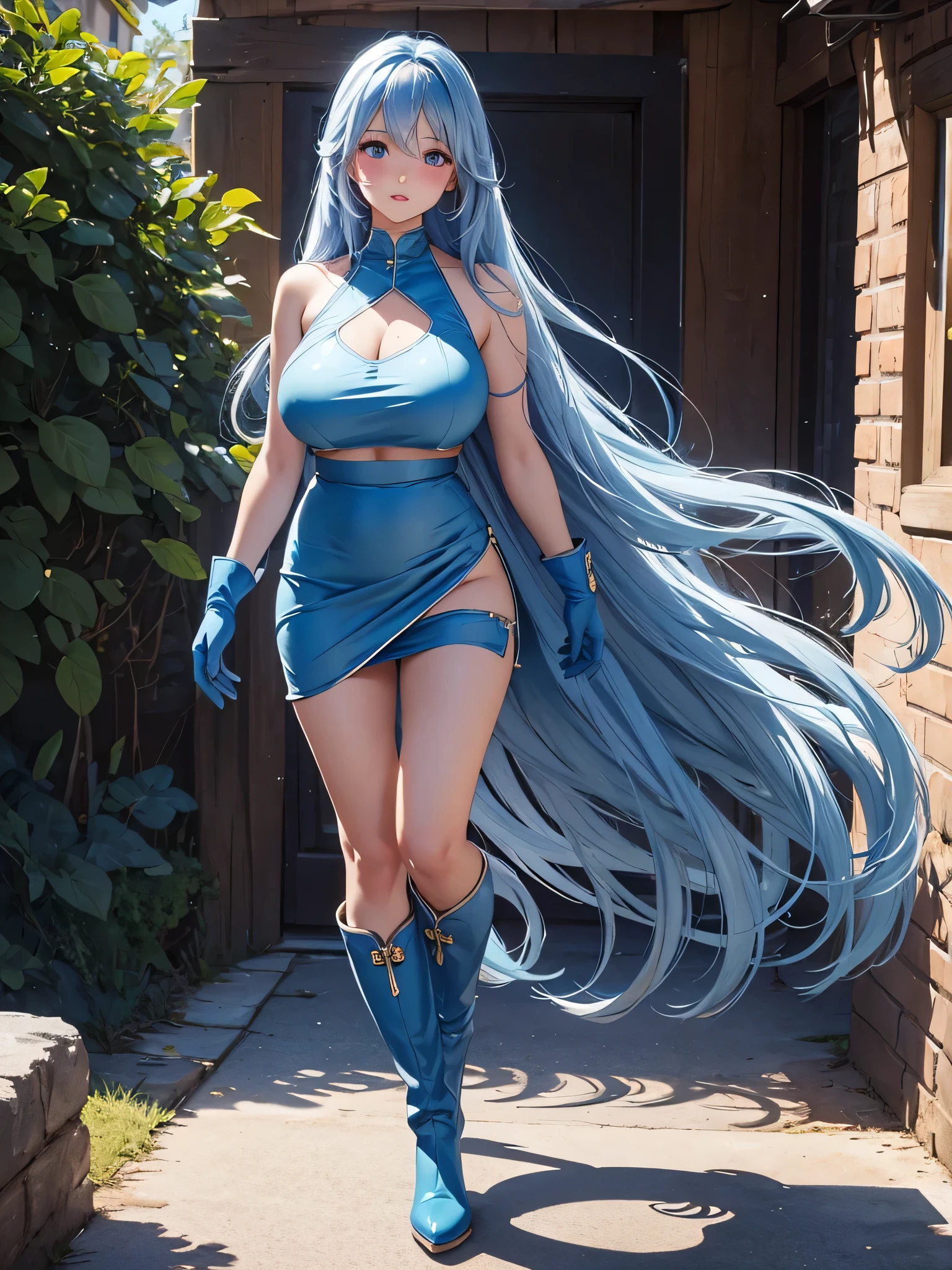 Full body, beatiful eyes, blush, cute face, realistic, 8k, best quality, masterpiece, (1 cute woman, solo: 1.1), very big breasts, long blue hair, blue crop top, blue skirt, blue gloves, blue heel boots, naked shoulders