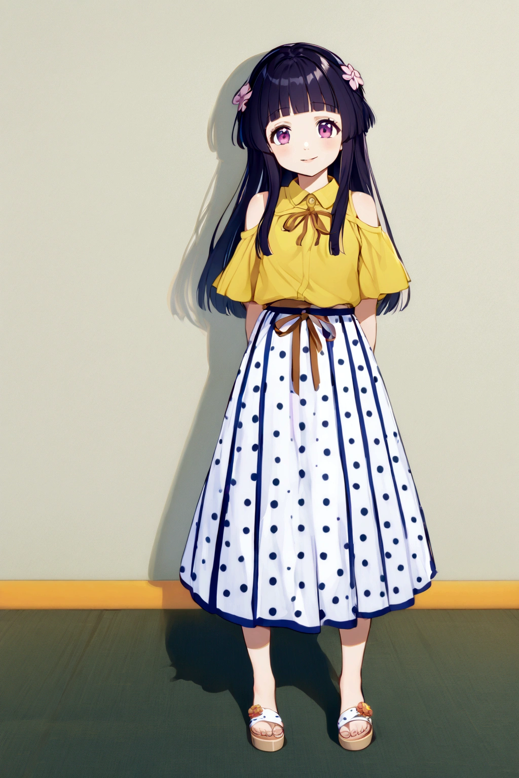 One Girl, alone, furude rika, cute, Blue Hair, Purple eyes, Long Hair, blunt bangs, bangs, looking at viewer, skirt, shirt, standing, full body, clothing cutout, shadow, arms behind back, sandals, white skirt, polka dot, long skirt, yellow shirt, shoulder cutout