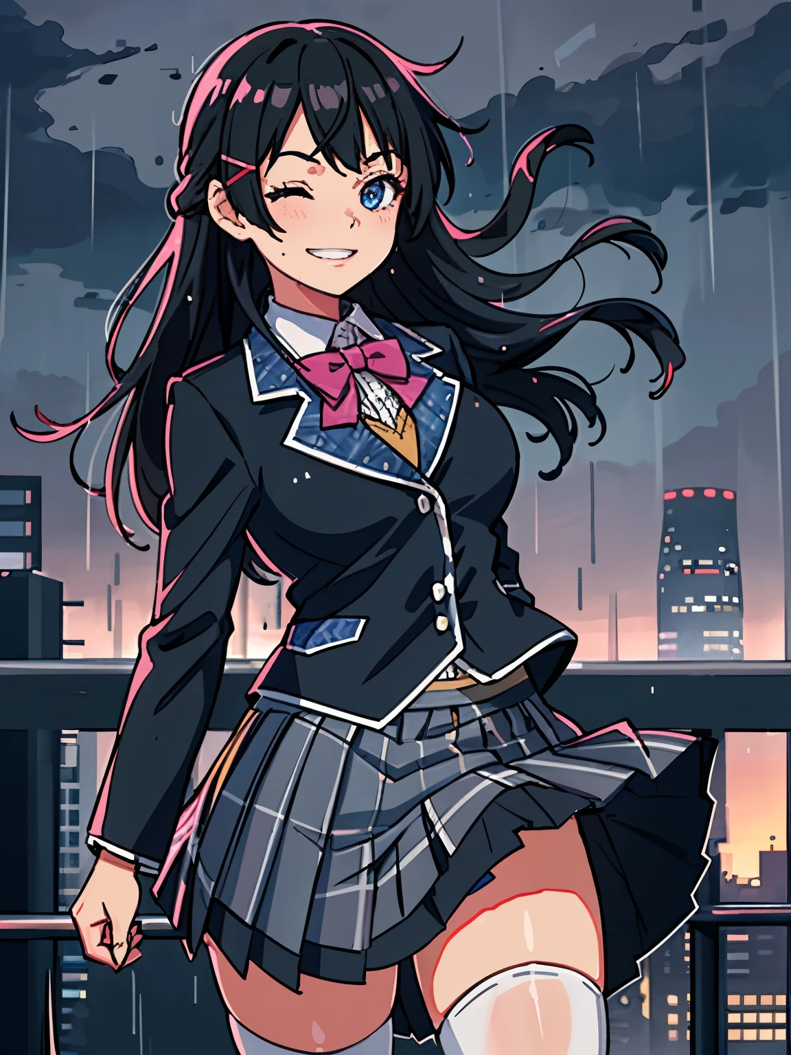 best quality, masterpiece, 1 girl, (silhouette lighting:1.2), (cowboy shot:1.3), one eye closed, grin, tsukino mito, long hair, black hair, blazer, black jacket, hairclip, hair ornament, white thighhighs, bangs, pleated skirt, pink bow, , short sleeves, collared shirt, white shirt, blue eyes, plaid skirt, black skirt, (wet skin, wet clothes:1.3), (windy upskirt:1.5), urban rooftop, cityscape, (twilight, dusk, rainy:1.3)