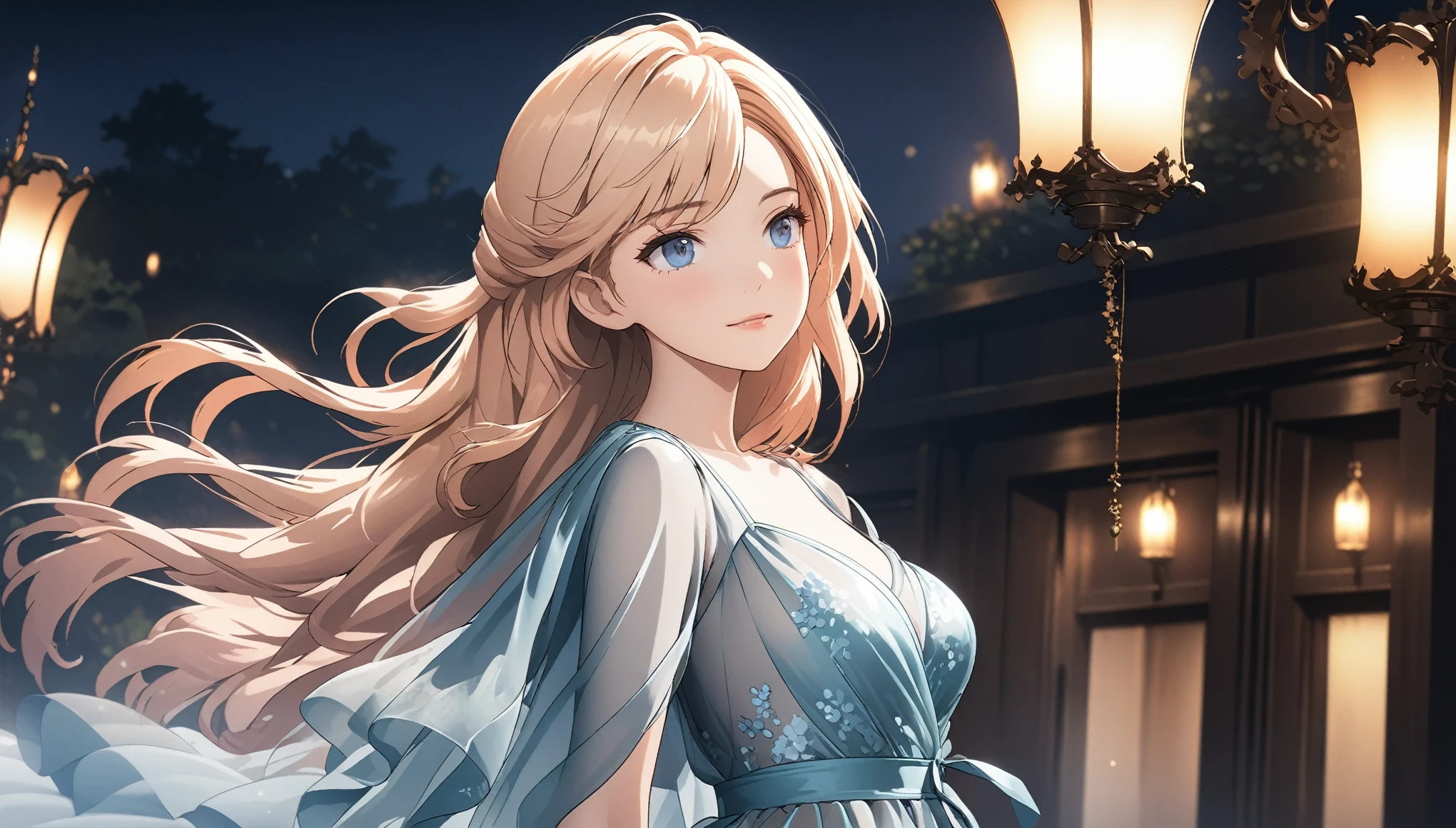 Elegant adult women, looking into distance, blue eyes, Long hair, side swept bangs, Sheer dress, see through dress, 4K resolution, High quality CG, fair