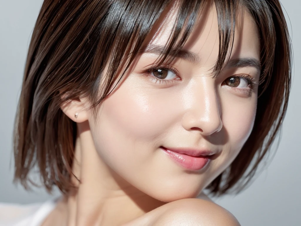 highest quality、8k Masterpiece、超A high resolution、(Photorealistic:1.3)、RAW Photos、1 girl、Black Hair、Glowing Skin、36age、Portrait、Global Illumination、Shadow、Octane Rendering、8k、Super sharp、Beautiful breastetal、Cold colors、、Very intricate details、Soft Light、CGSoation Trend、Beautiful Eyes、Shining Eyes、To the camera、Neon Details、Clear skin、short hair、smile、Featured on cosmetics website、Elegance、Photo Studio、short hair