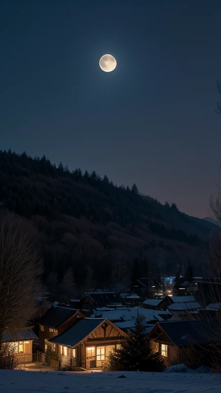 A night scene with a full moon shining over a small, tranquil town with quaint houses and trees, casting a serene yet eerie glow